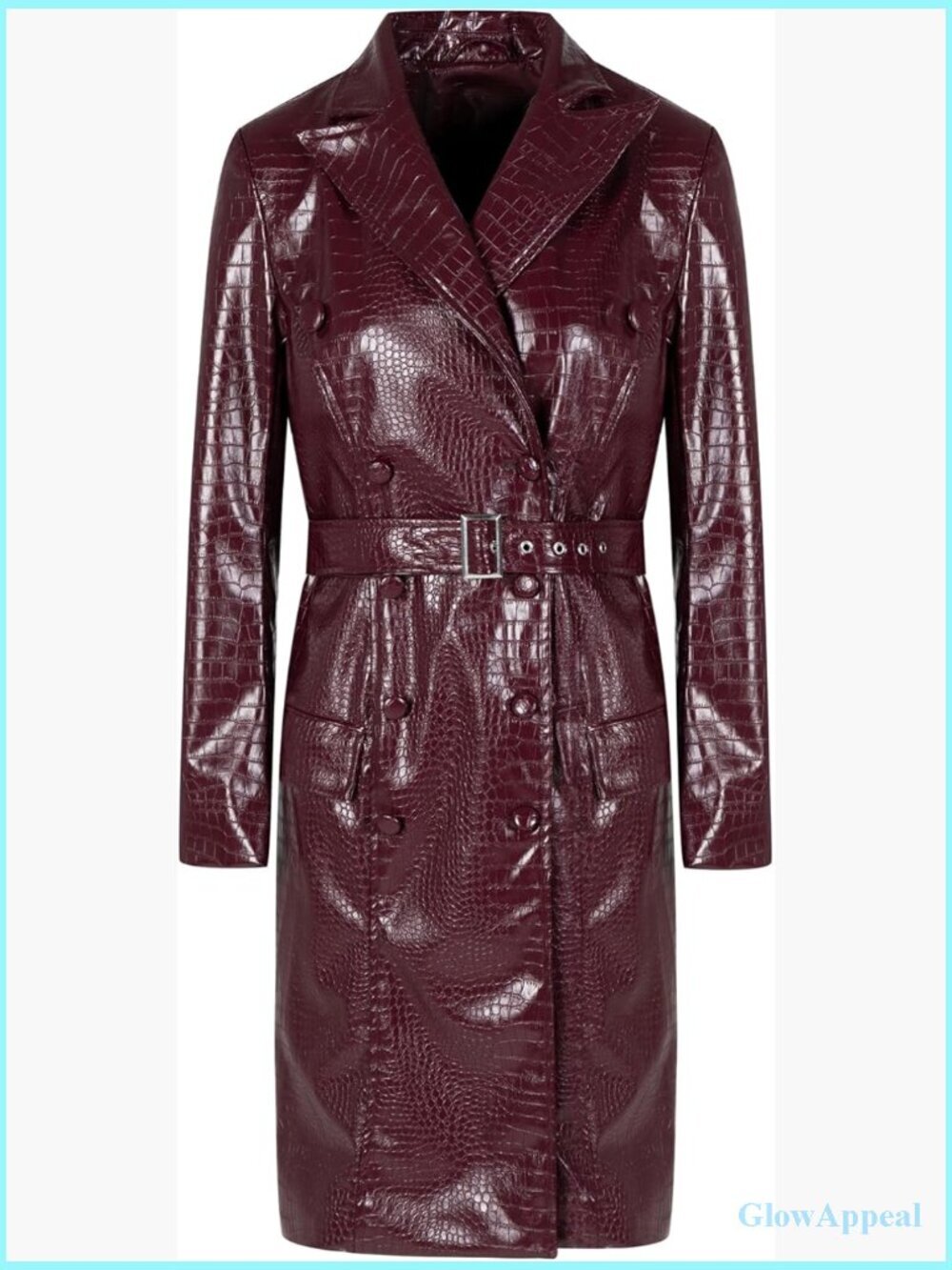 Long Faux Leather Trench Coat with Belt, Slim Fit, Knee Length